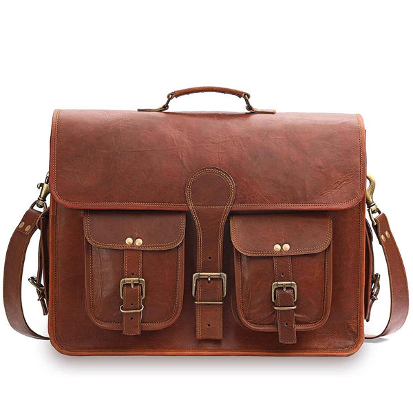 Brown leather messenger bag with front flap, two pockets, and metal buckle closures
