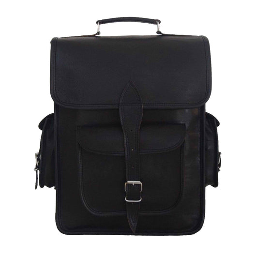 Full-grain leather laptop backpack with flap front pocket and top carrying handle, dark