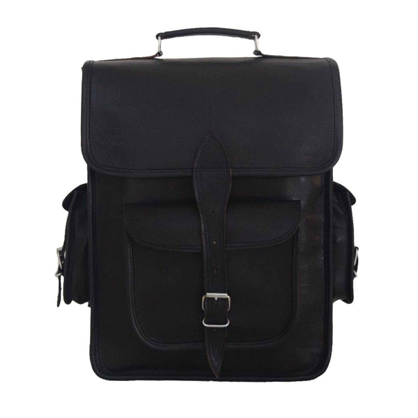 Full-grain leather laptop backpack with flap front pocket and top carrying handle, dark
