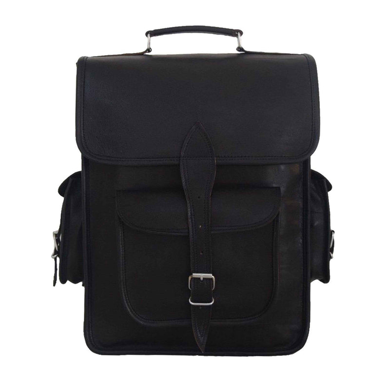 Full-grain leather laptop backpack with flap front pocket and top carrying handle, dark