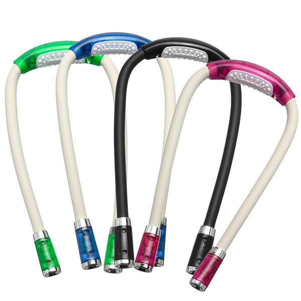 Assorted hands-free LED neck lights with mixed colored light heads and straps
