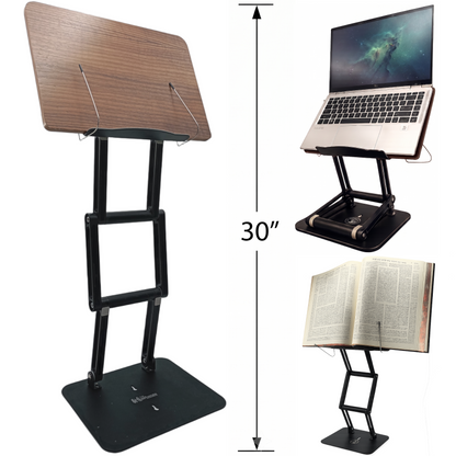 Adjustable book stand with wooden reading board and black metal base, angled for use while standing at desk