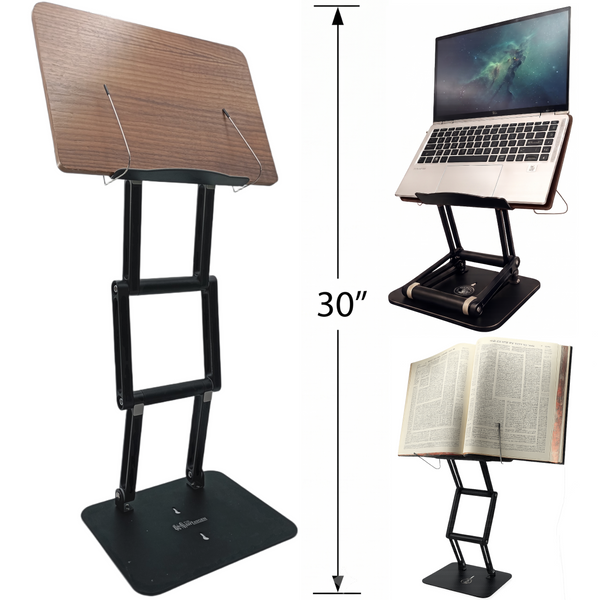 Adjustable book stand with wooden reading board and black metal base, angled for use while standing at desk