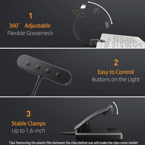 Portable Flexible Easy Clip Night Reading Lamp USB Rechargeable Reading Light 3Colors Warm Cool White Daylight Book Lamp