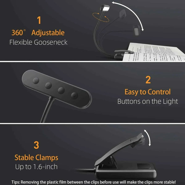 Dimmable LED clip-on reading lamp with flexible gooseneck and clamp base