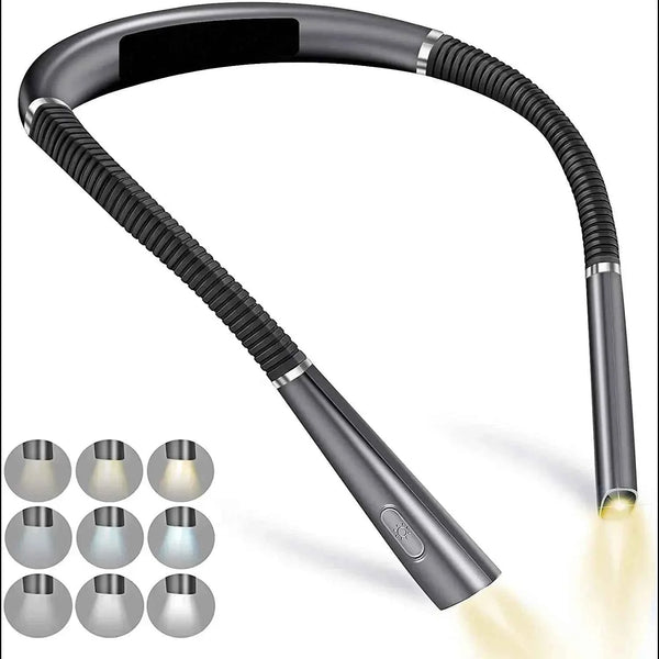 Hands-free neck reading light, flexible black LED lamp with curved gooseneck