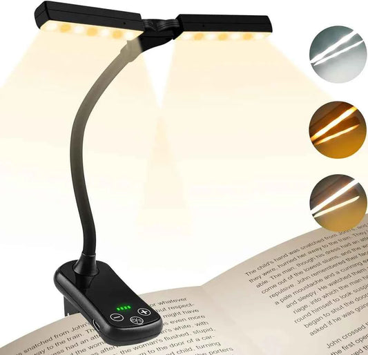 Black LED clip-on book light with dual flexible heads and control panel on base