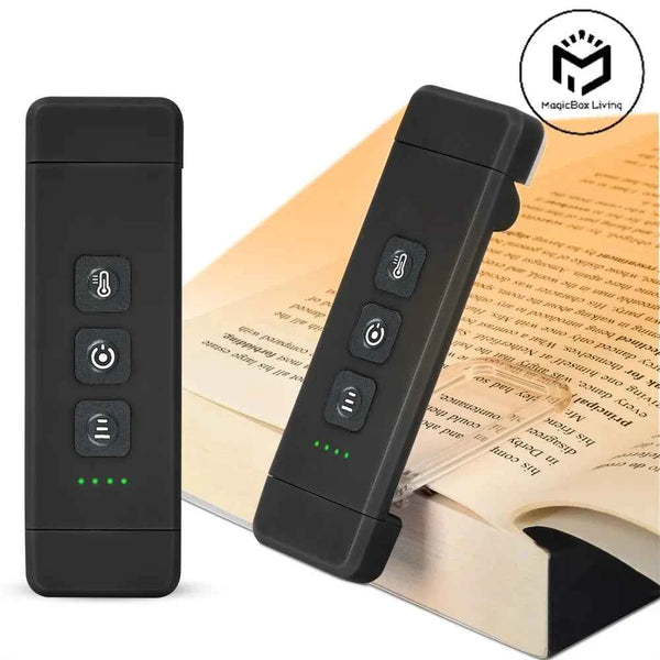 Rechargeable bookmark reading lamp in black with three control buttons and indicator lights.