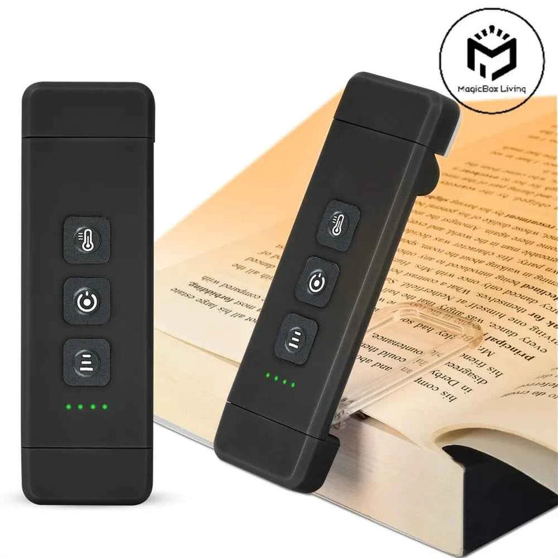 Rechargeable bookmark reading lamp in black with three control buttons and indicator lights.