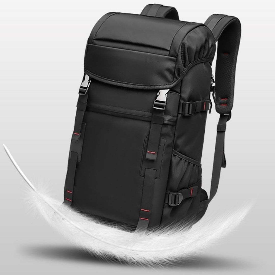 Black lightweight hiking backpack with front flap and buckled straps