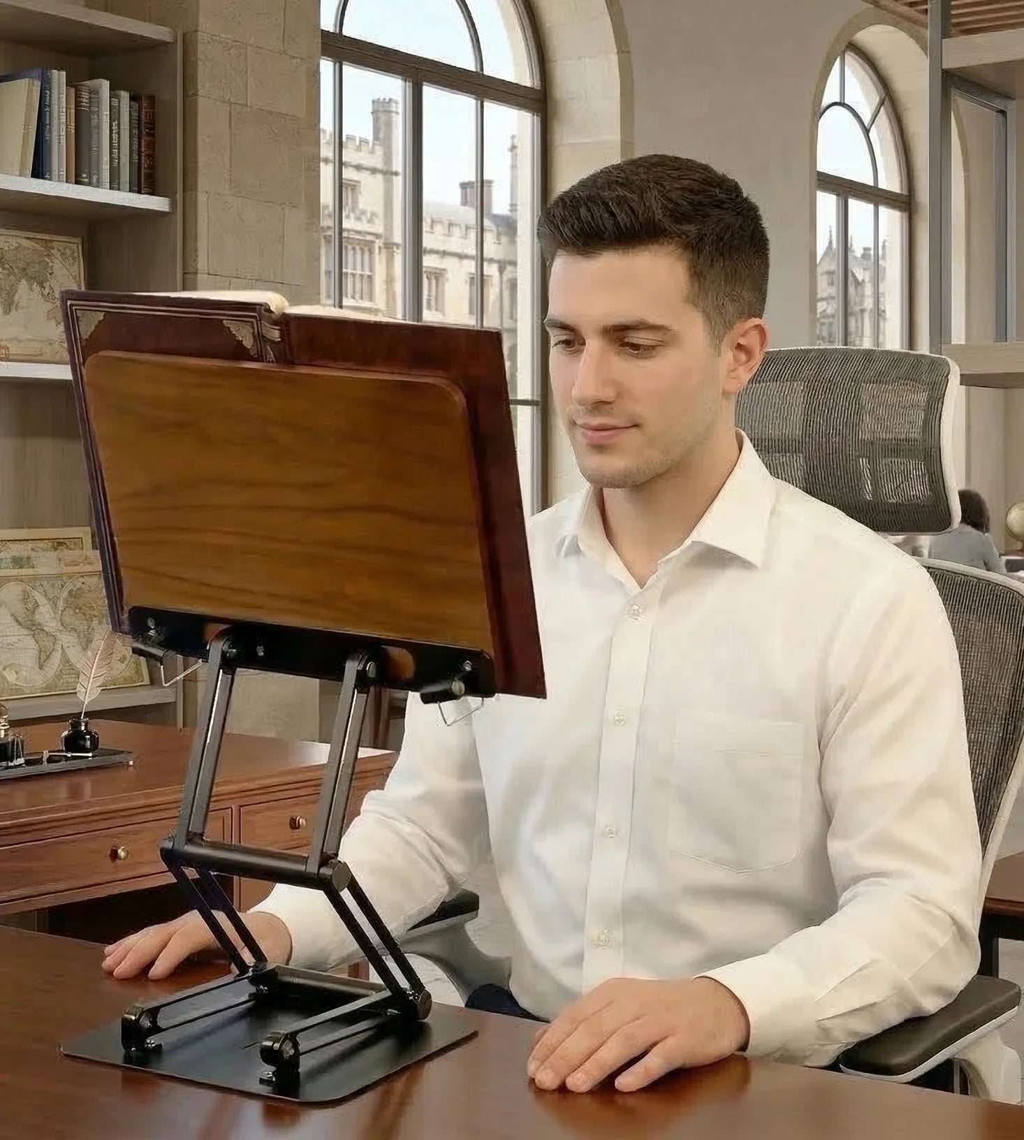 man reading from an adjustable book stand at eye level in a professional workspace, supporting upright posture and focused study