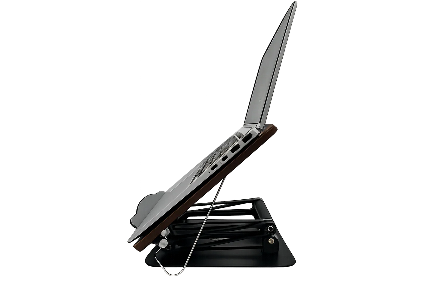 Side profile of adjustable aluminum laptop stand with angled platform and support structure designed for stable elevated device positioning
