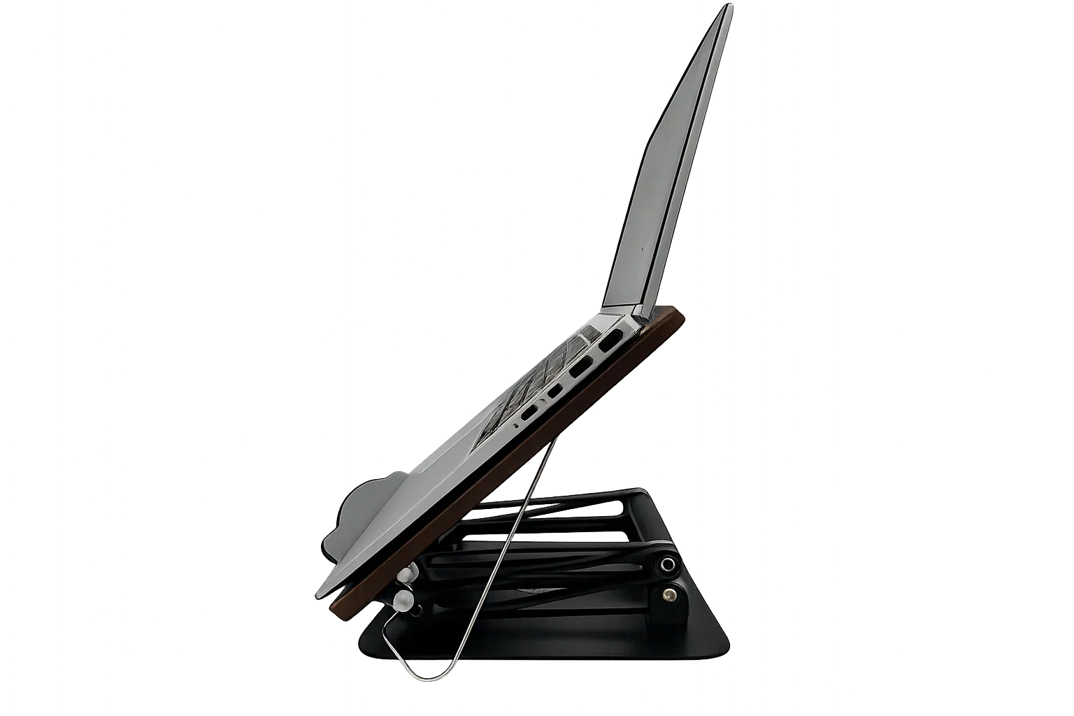 Side profile of adjustable aluminum laptop stand with angled platform and support structure designed for stable elevated device positioning
