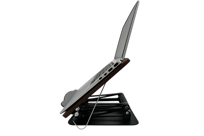 Side profile of adjustable aluminum laptop stand with angled platform and support structure designed for stable elevated device positioning