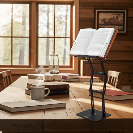 Adjustable reading setup with elevated book stand supporting an open textbook at eye level on a wooden desk in a natural home study environment