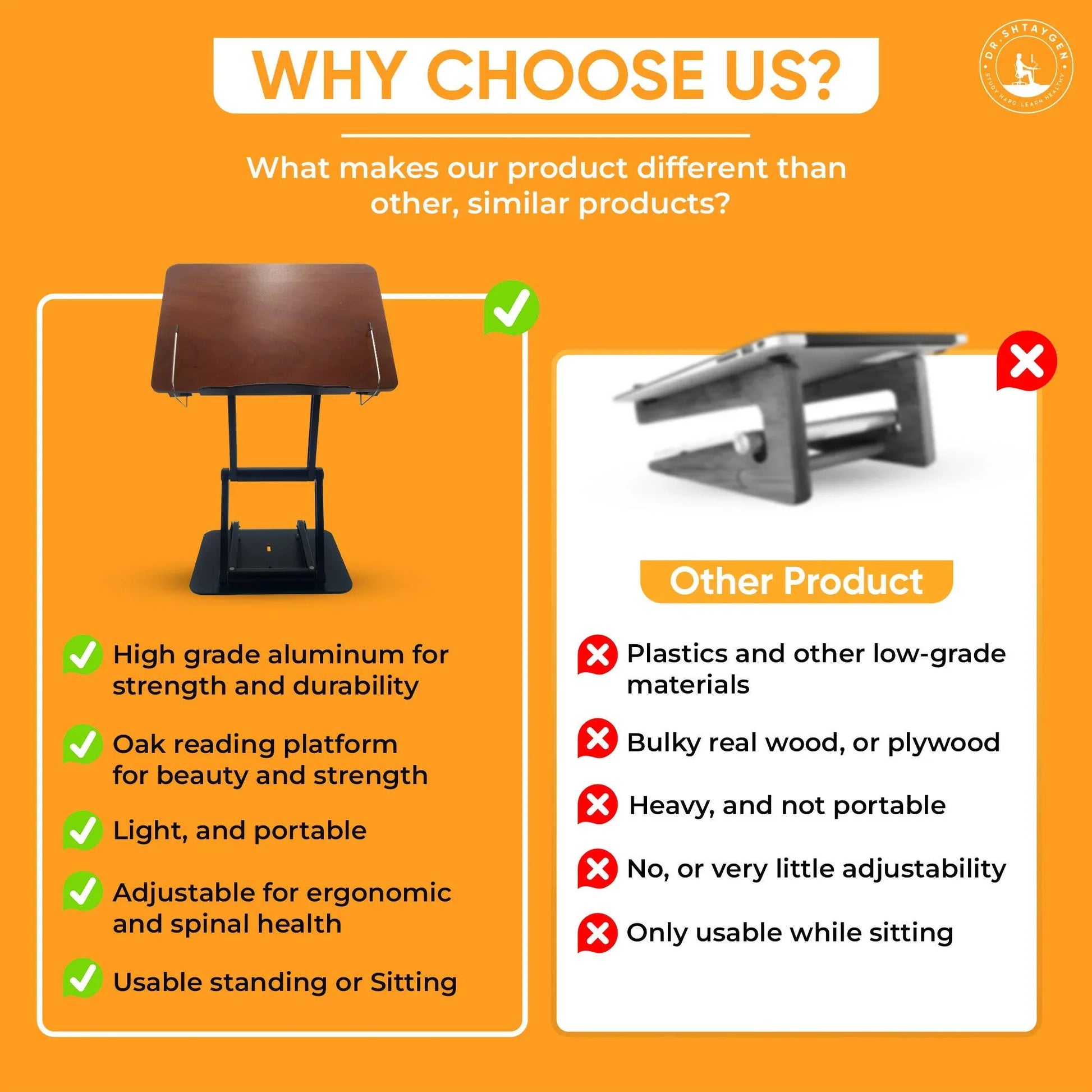 Comparison of adjustable aluminum reading stand versus standard alternatives highlighting durability, portability, ergonomic adjustability, and standing or sitting use
