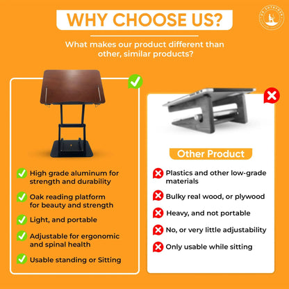 Comparison of adjustable aluminum reading stand versus standard alternatives highlighting durability, portability, ergonomic adjustability, and standing or sitting use