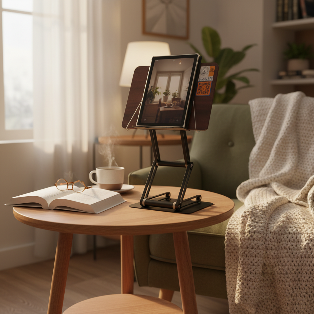 Portable tablet stand supporting a digital e-reader at a 60-degree viewing angle.