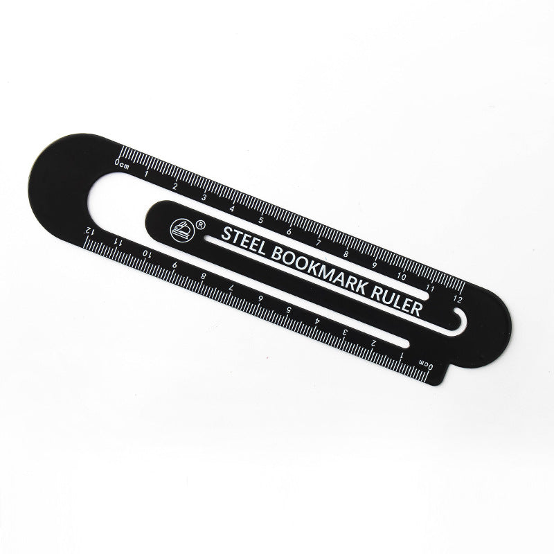 Black steel bookmark ruler, hollow design with 12 cm measuring scale and loop.