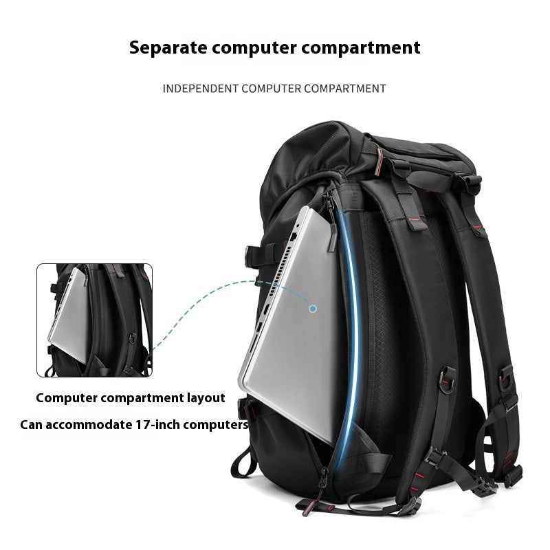 Black backpack showing separate computer compartment and padded back panel