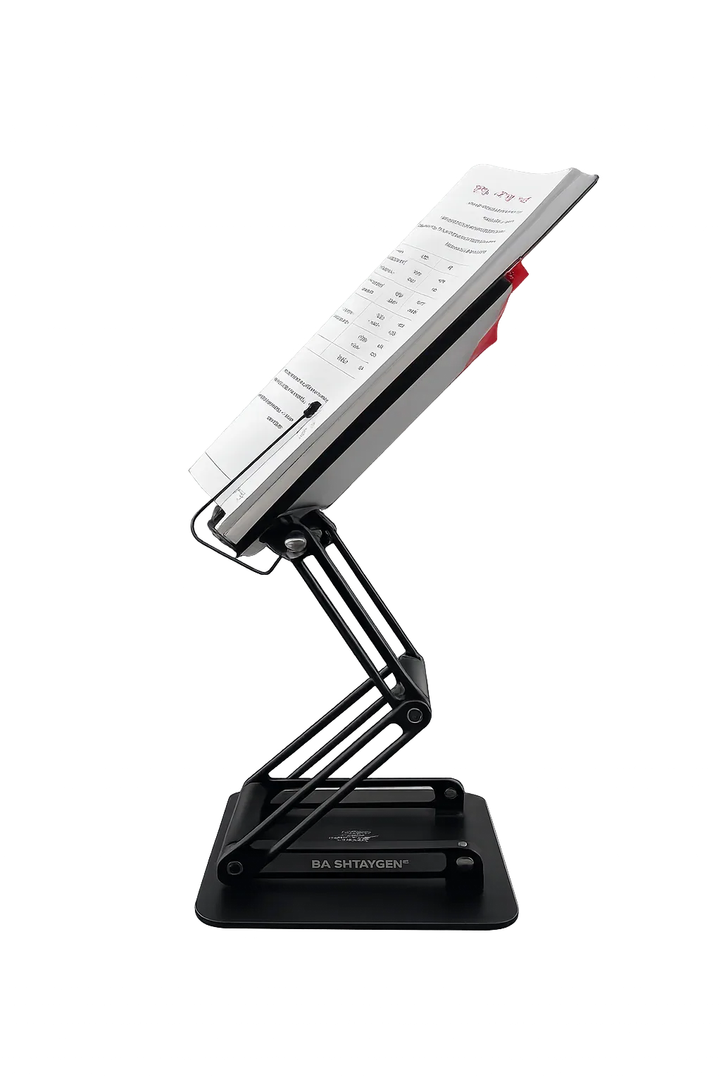 Adjustable reading stand holding an open book at an angled position at mid-height with page holders for hands-free viewing and stable support