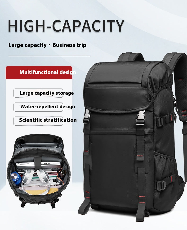 Black high-capacity hiking backpack with front flap and side storage compartments