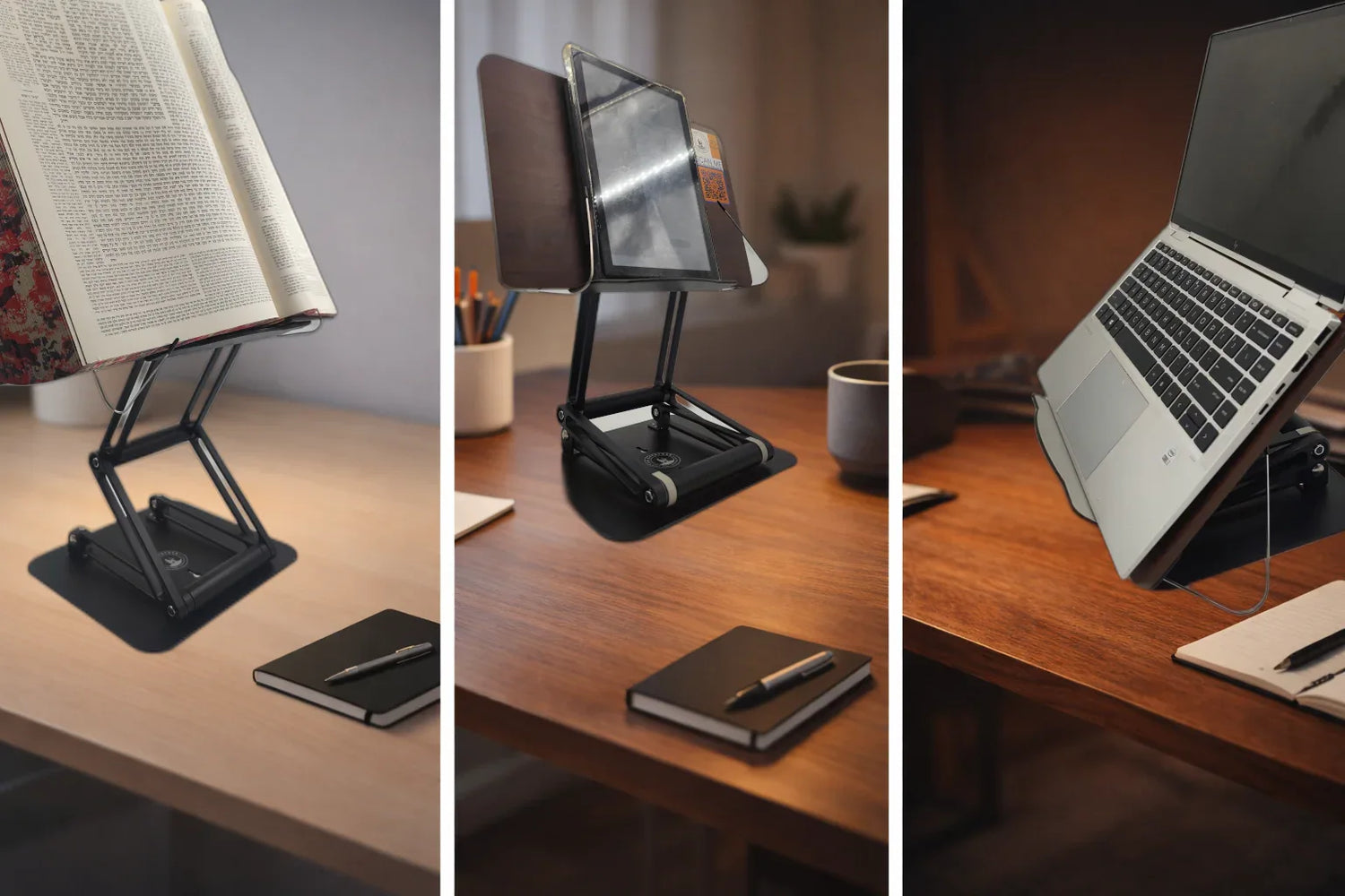 Dr. Shtaygen Stander ergonomic adjustable book stand holding textbook, tablet, and laptop at eye level on desk to improve posture and reduce neck strain during studying or work