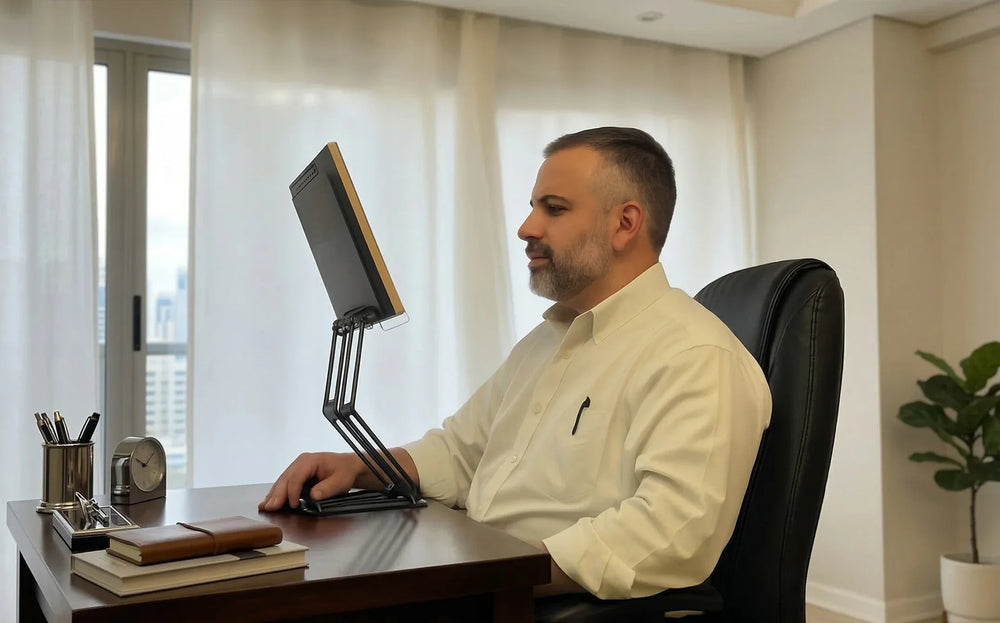 man using adjustable laptop stand while seated at a desk with screen raised to eye level for improved posture and comfortable work