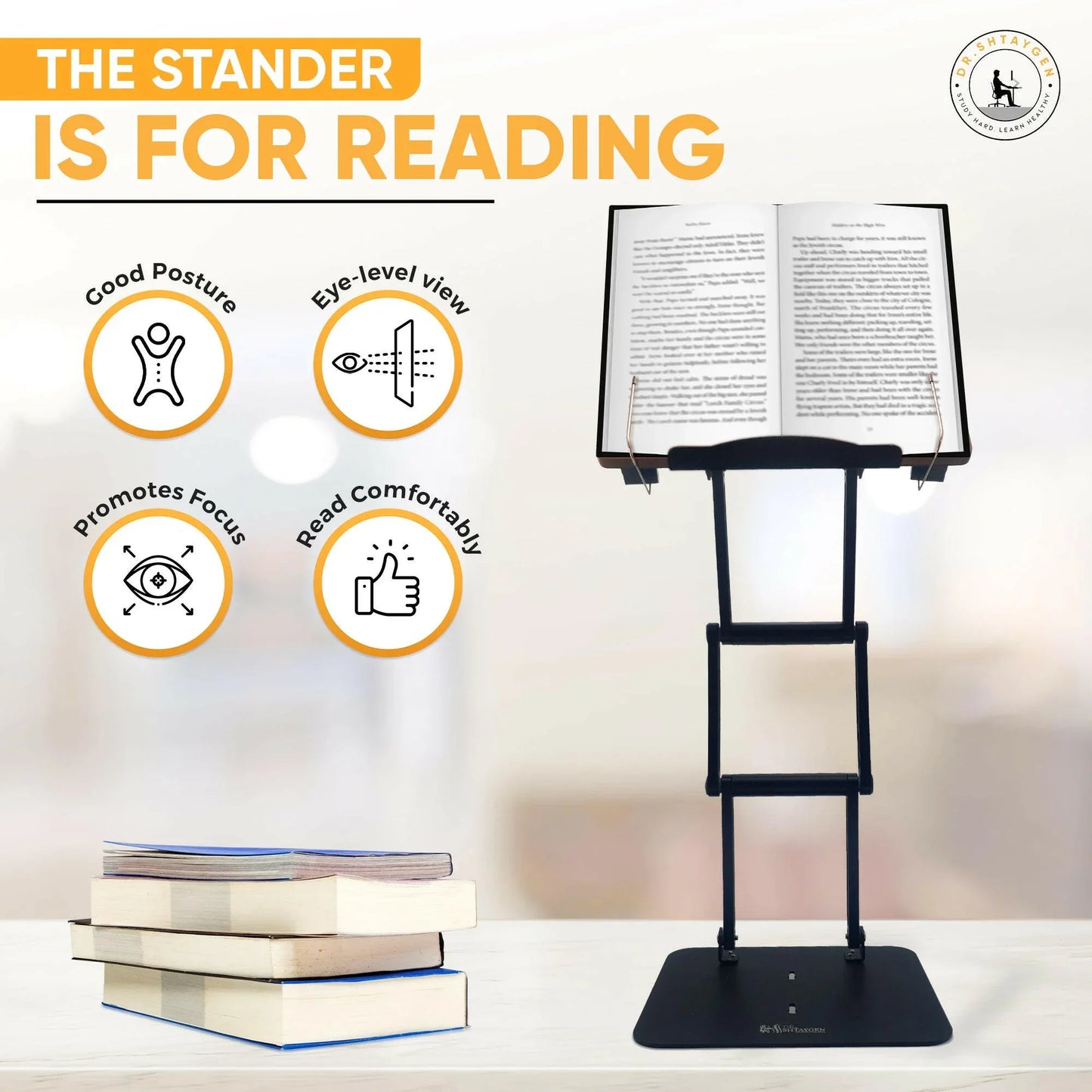 Adjustable reading stand holding an open book at eye level with icons highlighting improved posture, focus, and comfortable hands-free reading