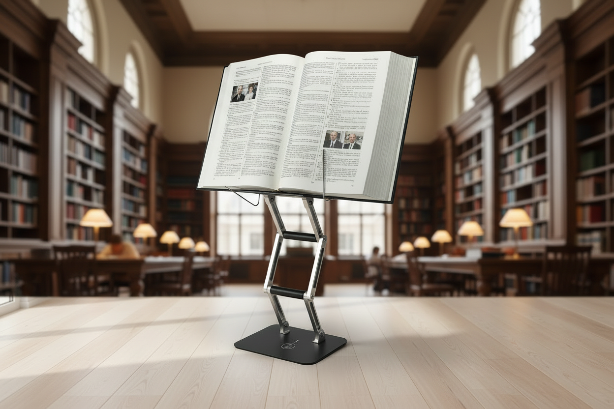 The Stander 1.1 supporting a 1,000-page medical textbook at eye level with reinforced aluminum joints.