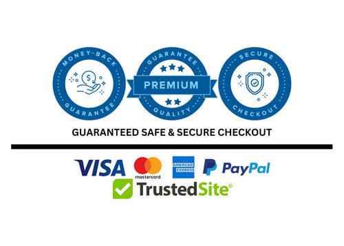 Logos of money-back guarantee, premium quality, secure checkout, Visa, Mastercard, PayPal, and TrustedSite on a white background.