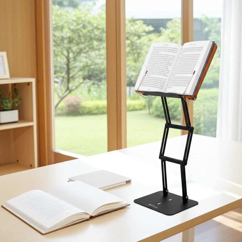 Minimalist desk setup with adjustable elevated book holder displaying open pages at eye level in a bright, modern home office