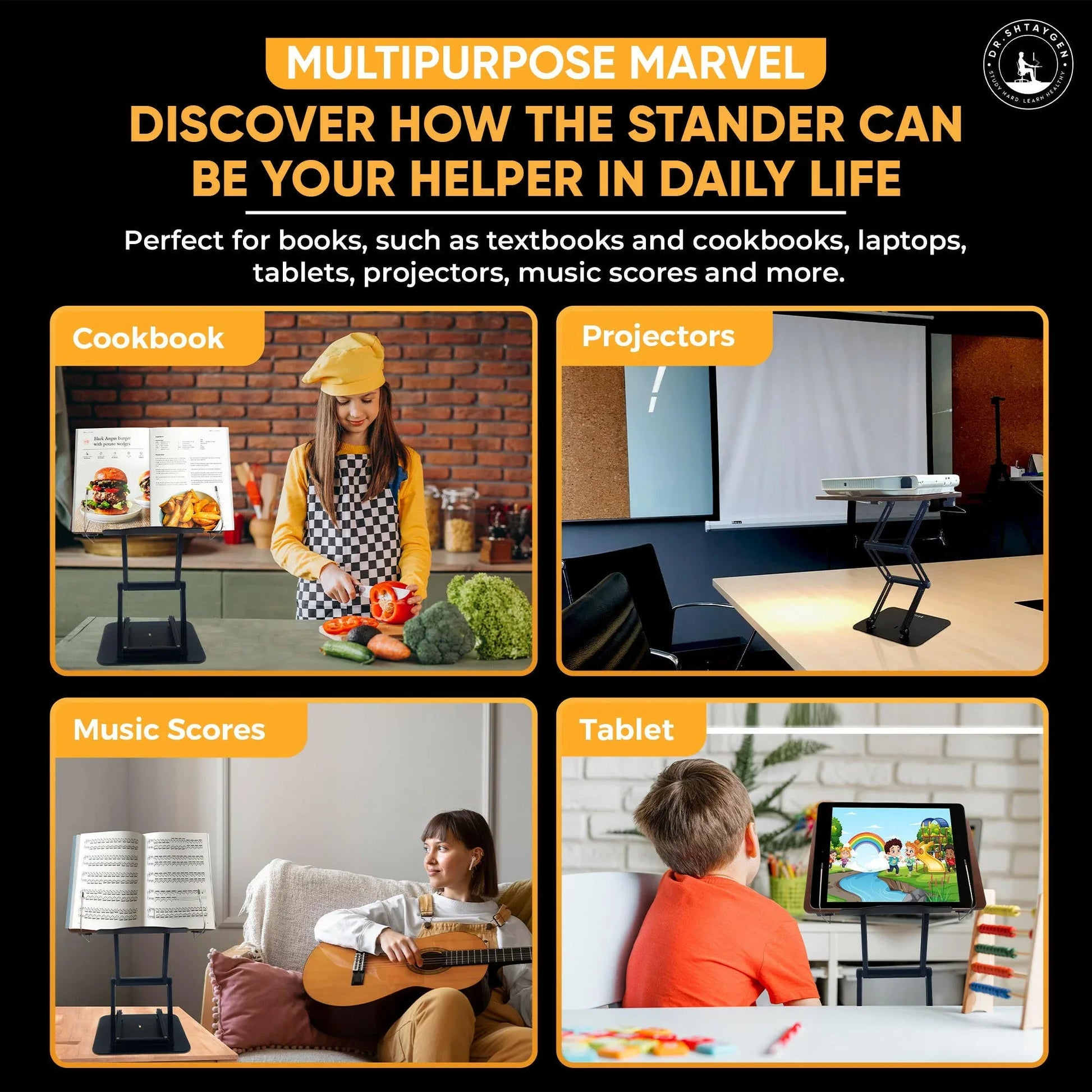 Multipurpose adjustable stand used for cooking with a cookbook, holding a projector, displaying music sheets, and supporting a tablet for everyday tasks