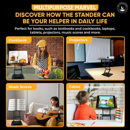 Multipurpose adjustable stand used for cooking with a cookbook, holding a projector, displaying music sheets, and supporting a tablet for everyday tasks
