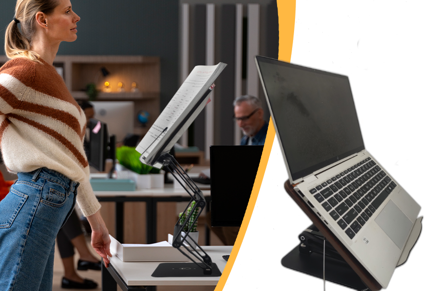 The Stander 1.1 used as a premium laptop riser and reading stand in a modern, minimalist home office.