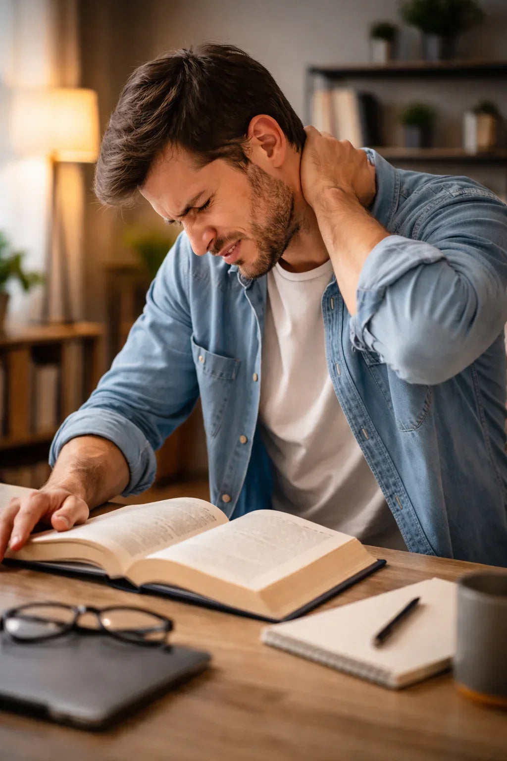 Poor reading posture with head tilted downward causing neck strain