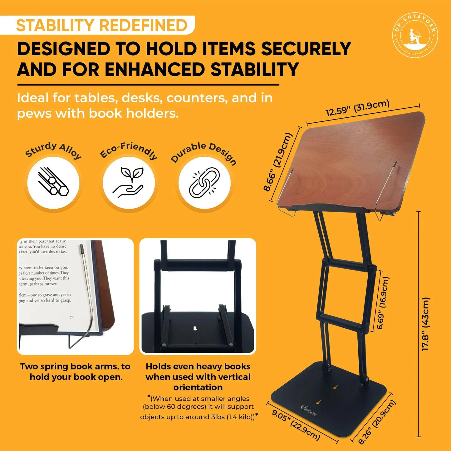 Adjustable reading stand with reinforced frame, spring page holders, and detailed dimensions showing stable support for heavy books and secure positioning