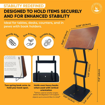 Adjustable reading stand with reinforced frame, spring page holders, and detailed dimensions showing stable support for heavy books and secure positioning
