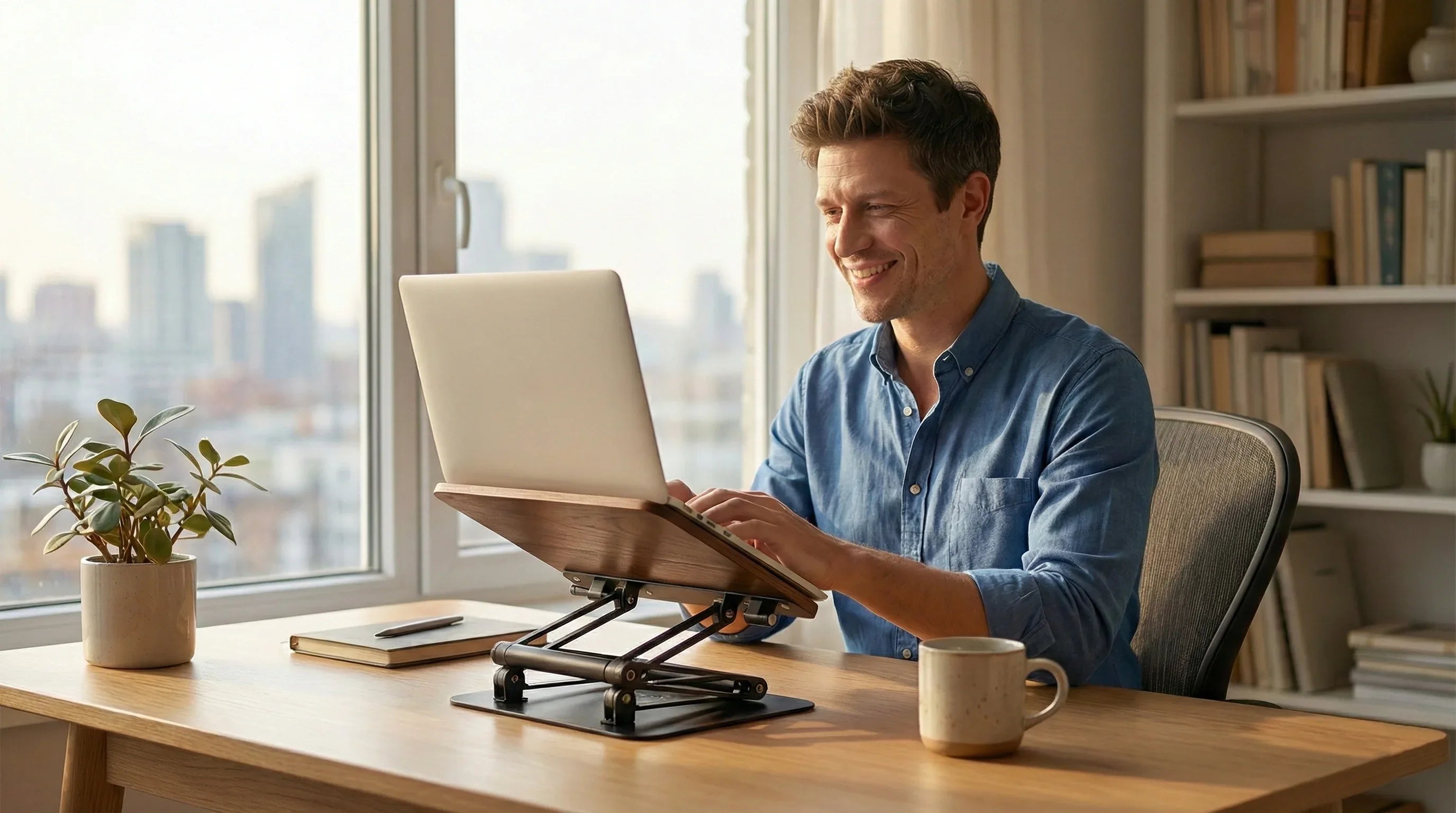 Adjustable ergonomic laptop stand raising screen to eye level for comfortable posture and productive desk work