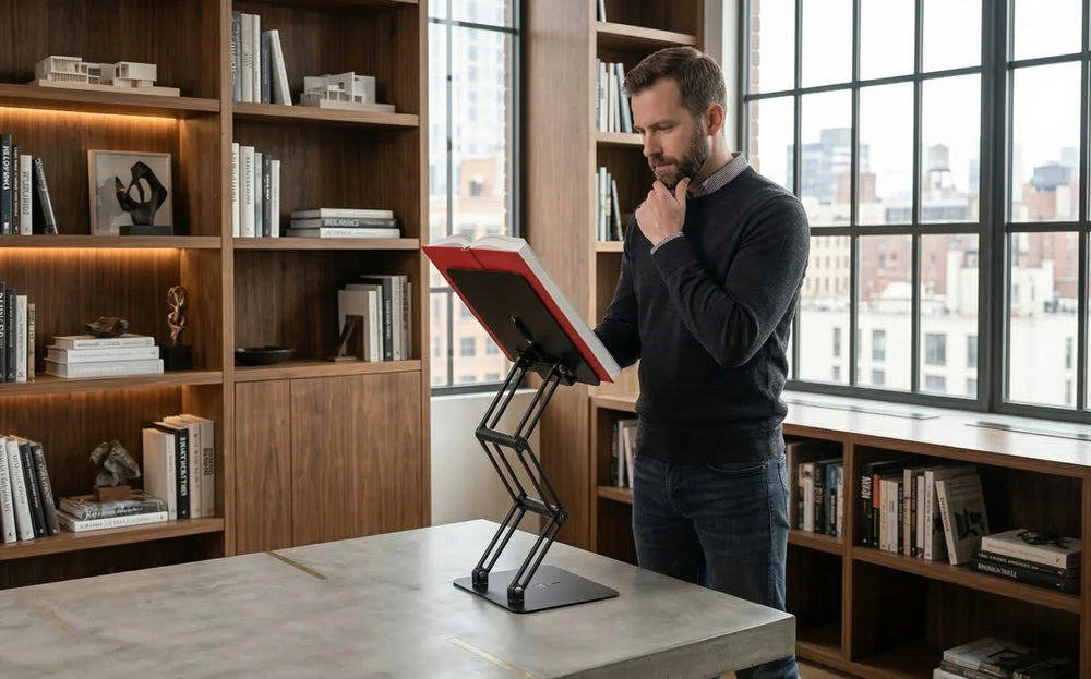 man standing and reading from an elevated book stand on a countertop with adjustable height for eye level viewing