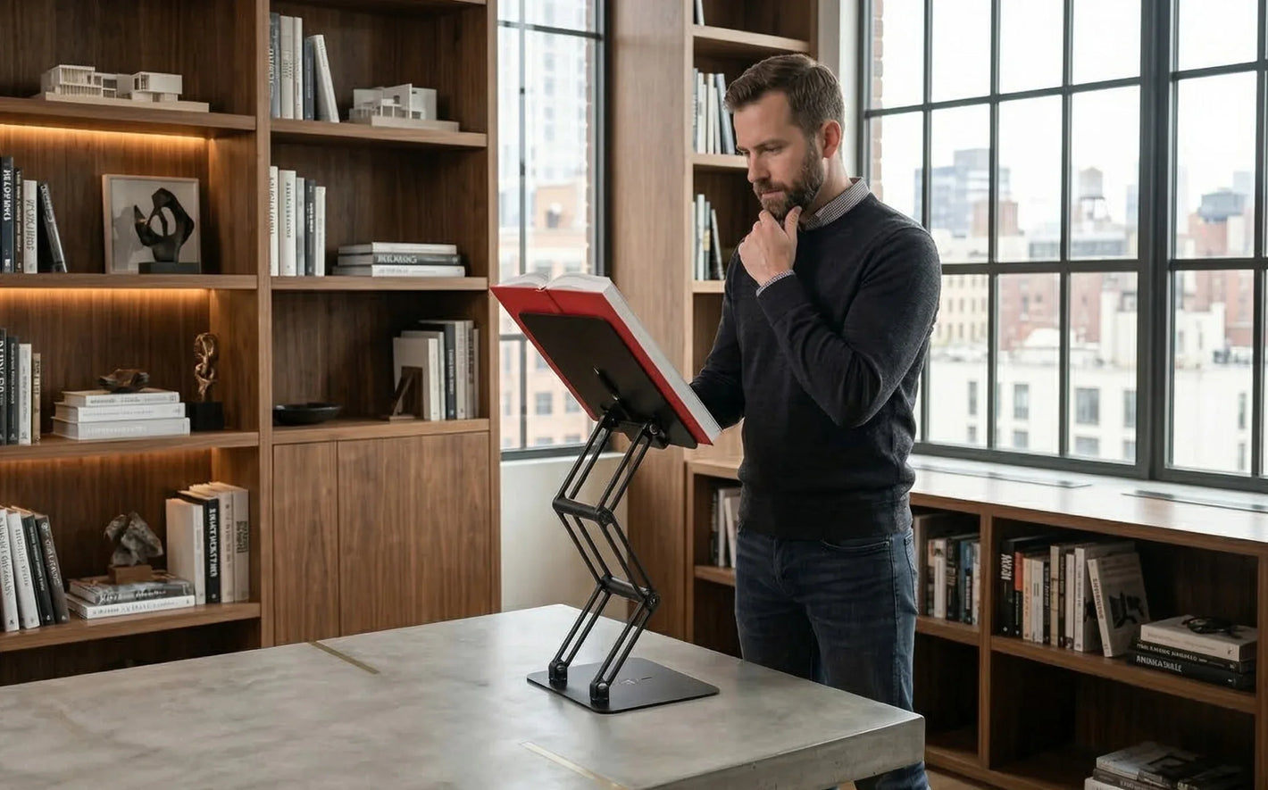 man standing and reading from an elevated book stand on a countertop with adjustable height for eye level viewing