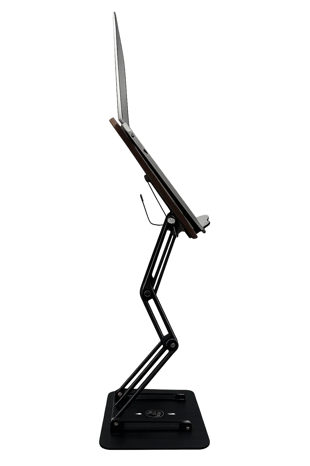 Fully extended adjustable laptop stand showing vertical elevation range and multi-joint support system for elevated screen positioning