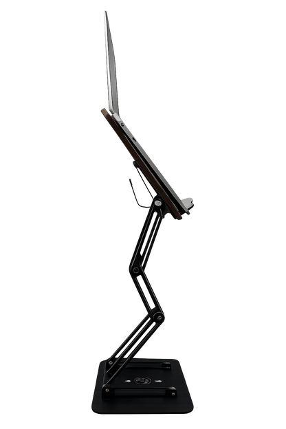 Fully extended adjustable laptop stand showing vertical elevation range and multi-joint support system for elevated screen positioning